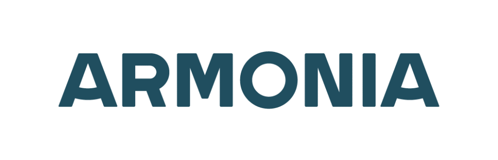 Logo ARMONIA en lettres bleues sur fond noir