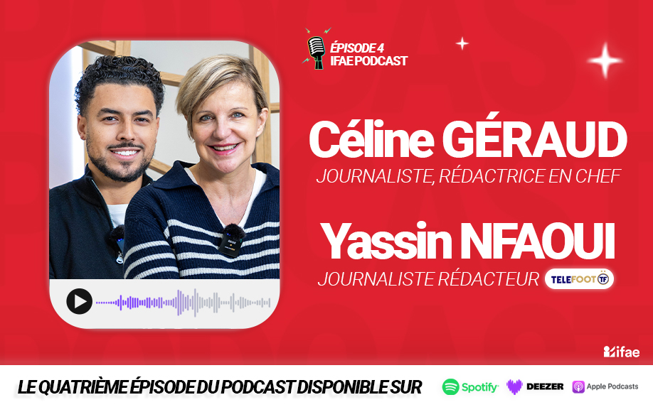Affiche podcast avec deux journalistes souriants