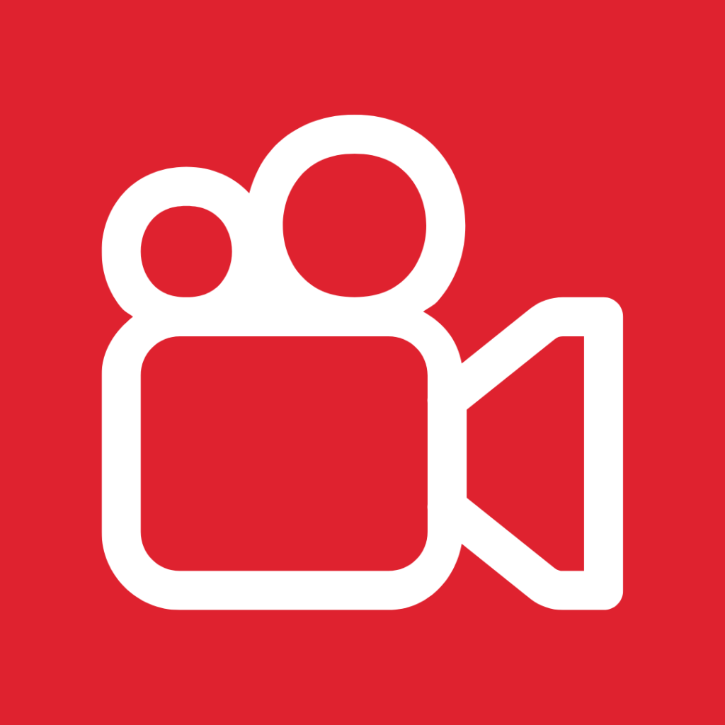 Icône blanche de caméra vidéo sur fond rouge