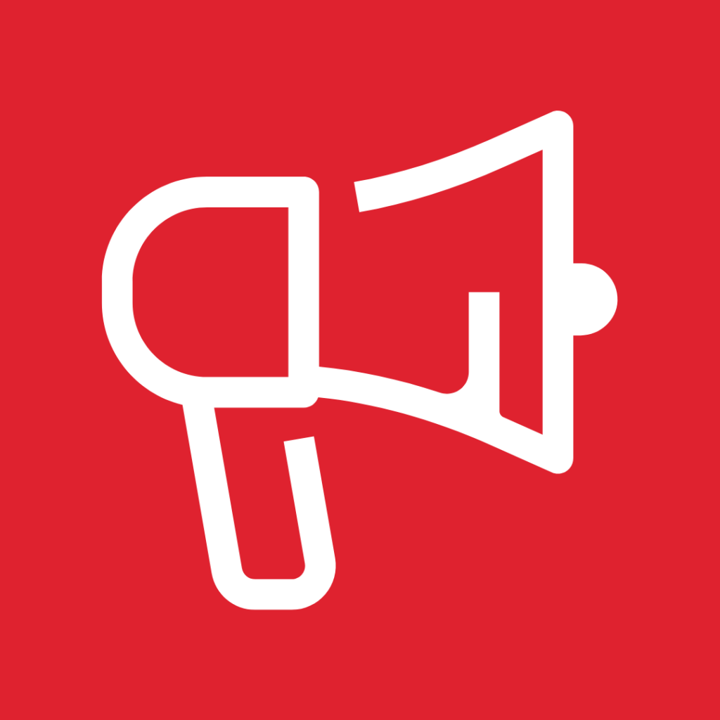 Icône de mégaphone blanc sur fond rouge