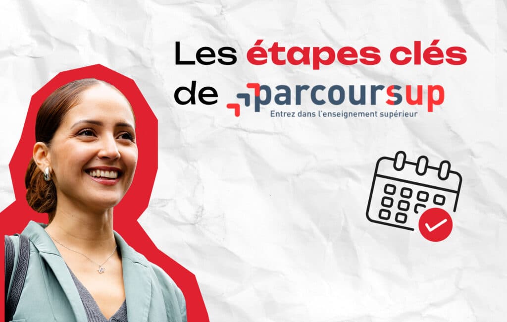 Femme souriante avec texte Parcoursup et calendrier. Les étapes clés de Parcoursup (entrez dans l'enseignement supérieur)